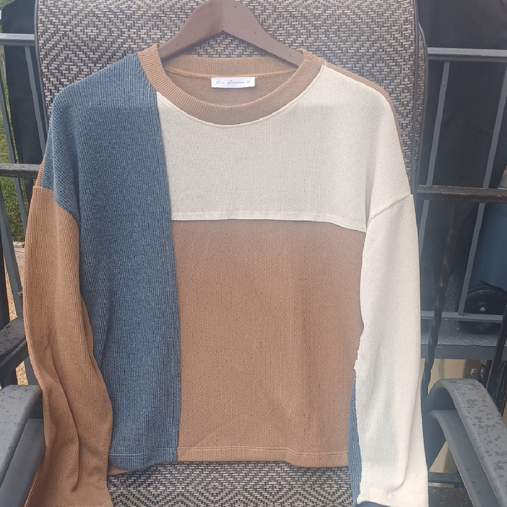 Ces Femme Color Block Blouse in Blue, Brown, and Cream